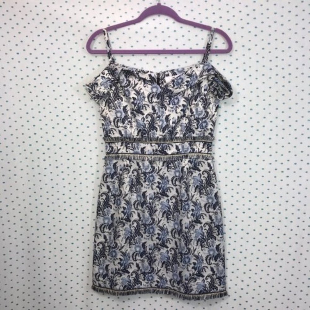 We Are Kindred Juliette Fringe Off Shoulder Mini Dress in China Blue